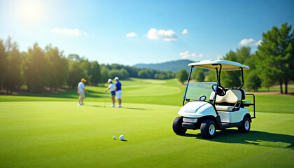 Stylish golf cart on a sunlit course with a panoramic view, golfers in the distance, and space for text.






