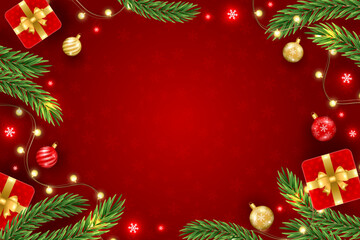 Merry Christmas Happy New Year greeting background with Christmas branch, balls, snowflakes. For sale, banner, posters, cover design templates, social media wallpaper stories.  2025 xmas concept