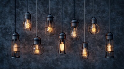 Stylish set of industrial hanging lamps with exposed bulbs and metallic frames, ready for design use
