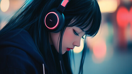 Young woman with headphones absorbing music in a vibrant urban setting at night