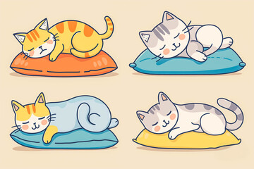 Naklejka premium Vector set of illustration of happy cute cat character in different sleeping pose on pillow with fish on color background. Flat line art style design of animal cat