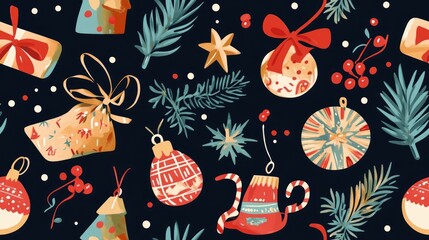 Seamless pattern featuring Christmas decorations and toys