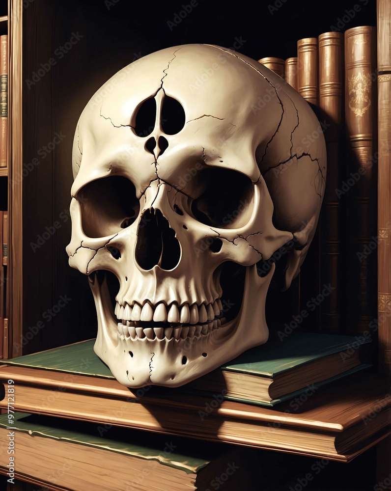 Poster skull resting on a haunted bookshelf