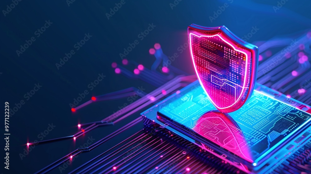 Poster a futuristic shield symbolizing cybersecurity, displayed on a digital circuit board with glowing ele