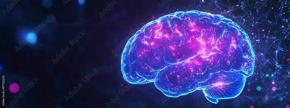 Poster glowing digital brain with abstract lines and connections
