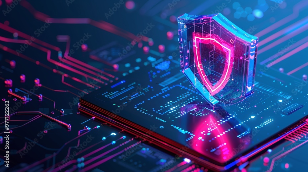 Poster a futuristic shield symbolizing cybersecurity, illuminated on a digital circuit board, representing 