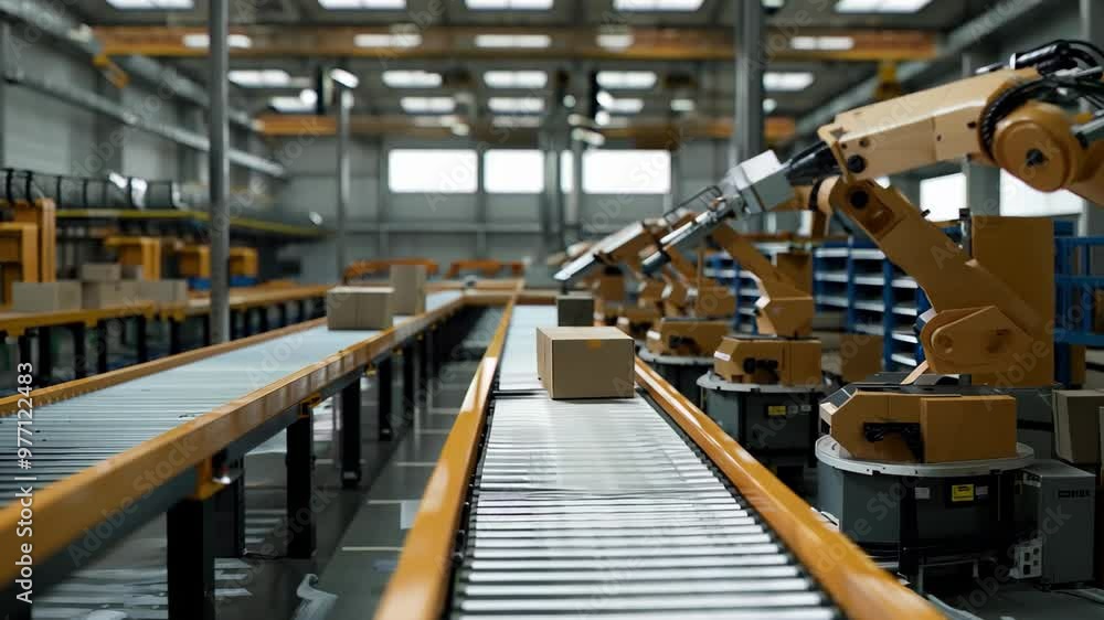 Aufkleber a modern warehouse features an automated assembly line with conveyor belts transporting various card