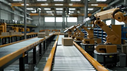 A modern warehouse features an automated assembly line with conveyor belts transporting various cardboard boxes. Robotic arms handle and sort packages in a spacious, well-lit facility.