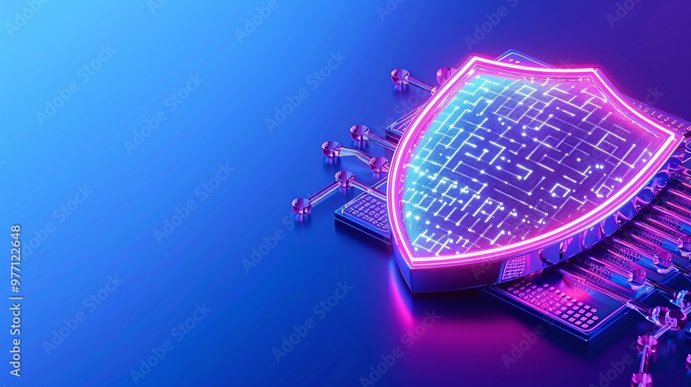Poster a futuristic shield with glowing circuitry, symbolizing digital security and protection in a technol