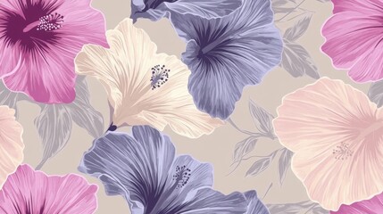 Floral design suitable for wedding invitations greeting cards flyers prints gift wrap and textiles Elegant seamless pattern featuring decorative hibiscus flowers in pink violet beige and gray