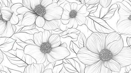 Seamless Monochrome Pattern Featuring Floral Motifs Endless Texture with Flowers and Leaves Natural Background in Doodle Line Style Contour Illustration Suitable for Coloring Abstract Art Design