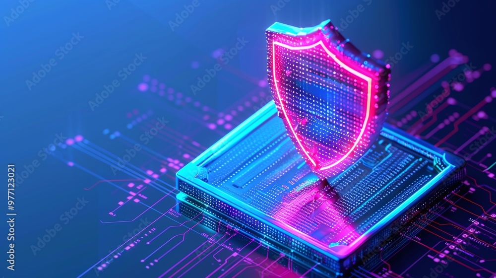 Poster a glowing digital shield representing cybersecurity, set against a vibrant, technological background