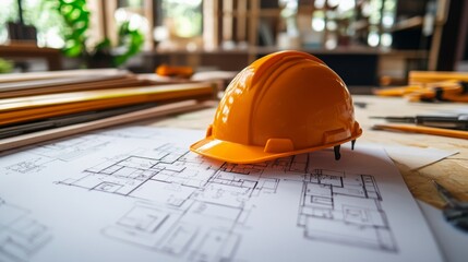 Blueprint floor plan architectural project on the table with yellow helmet and pencil