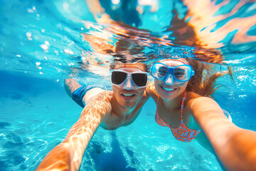 Smiling Young couple takes an underwater picture on vacation - Powered by Adobe