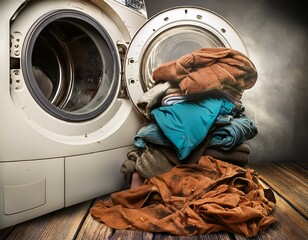 Pile of old and dirty clothes next to a washing machine
