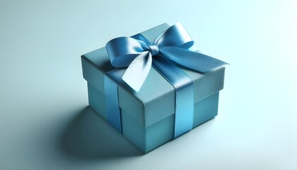 Bright blue gift box tied with satin ribbon on light background