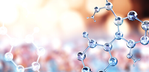 Horizontal banner with model of abstract molecular structure. Background of blue color with glass...