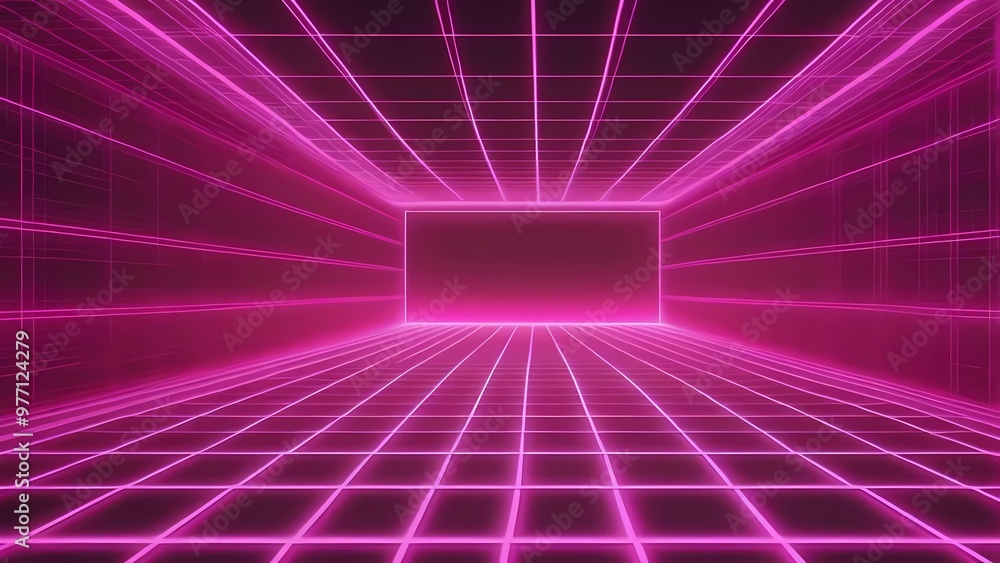 Poster futuristic digital grid with neon glowing surface, illuminating the depth of a high-tech cyber world