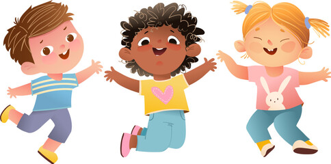 Happy laughing children boys and girls playing jumping together. Joyful childhood with friends, small kids jump and have fun . Vector clipart cartoon. Colorful characters Illustration for children.
