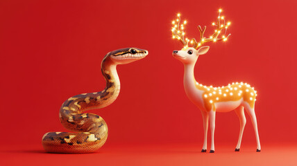 Obraz premium Snake and lighted deer stand together on red background