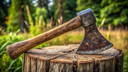 Close-up of a weathered, single-edged medieval axe head on a wooden stump