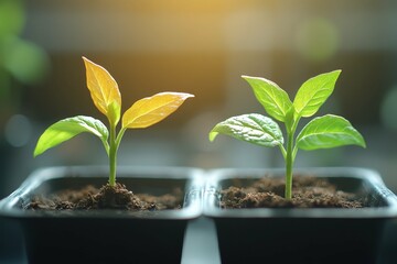 A close-up of two different plants growing from the same pot, symbolizing the nurturing of bilingual abilities