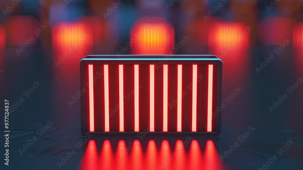 Poster a striking composition of a central square with vertical red stripes, illuminated against a blurred 