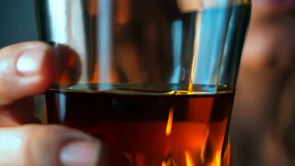 A close-up of a hand holding a glass filled with amber liquid, showcasing its rich hues and reflections. blurred background adds a moody vibe, ideal for leisure themes.