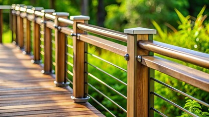 Fototapeta premium Close-up of wooden deck railings with metal supports against blurred green vegetation