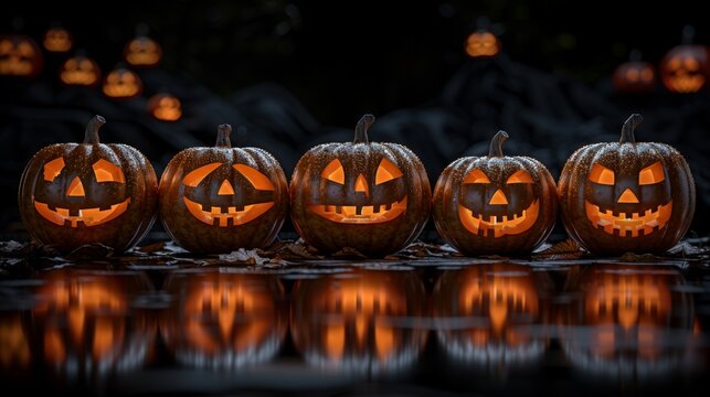 Halloween, the spookiest day of the year. Halloween pumpkins in a row isolated on a black background with copy space, a minimal concept of a halloween party decoration, a banner design. - Powered by Adobe