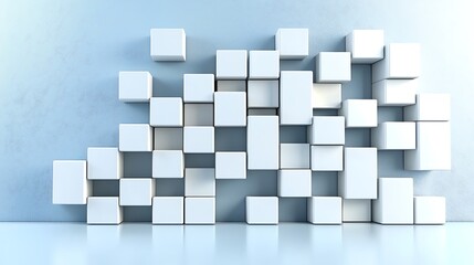 An abstract pattern of white cubes stands out against a blue wall, creating a modern geometric design.