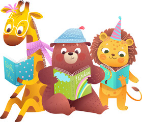 Bear lion and giraffe reading books together. Baby zoo animals reading and studying. Animals characters for kids education. Vector cartoon illustration for children school and kindergarten.