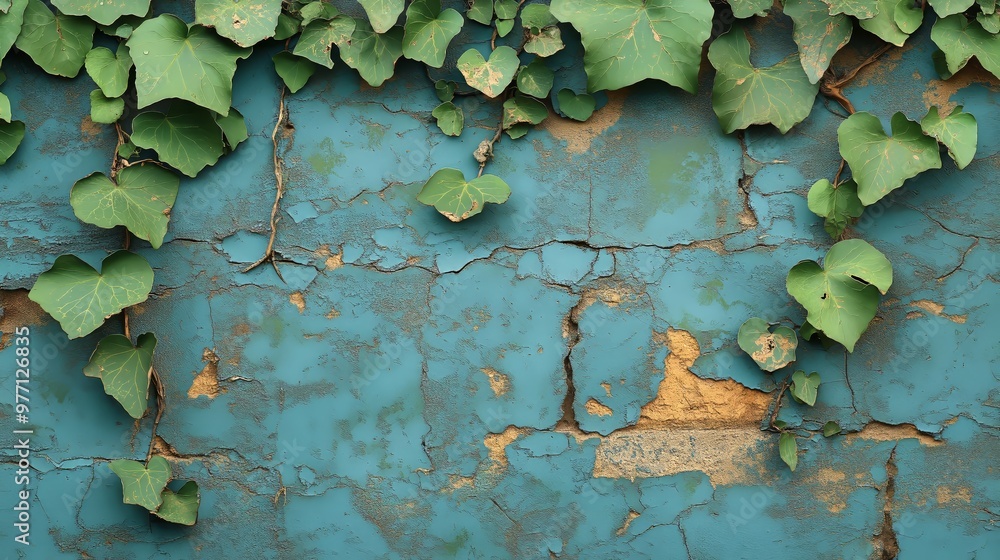 Wall mural Green ivy climbs a weathered blue wall.