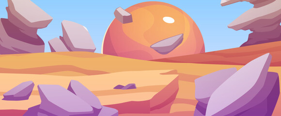 Cosmic alien vector game landscape, desert surface with mountains and flying rocks, fantasy space planet in the sky