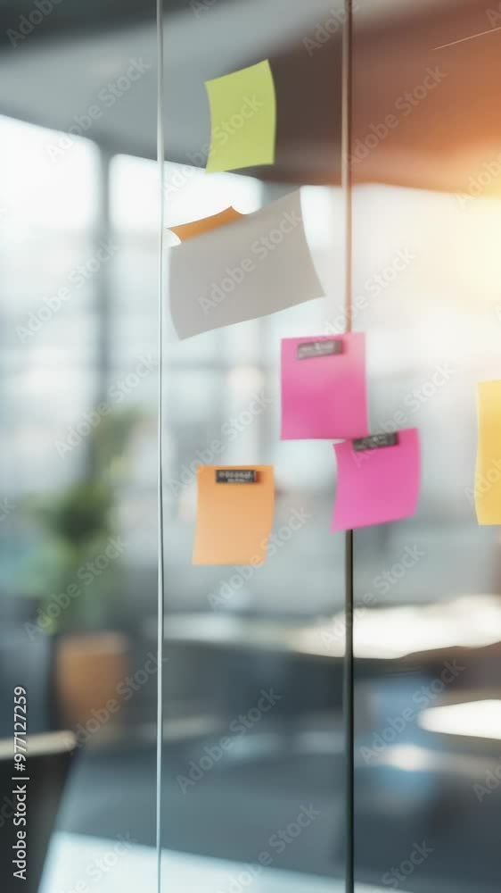 Poster modern office space with colorful sticky notes on glass walls, fostering a creative and collaborativ