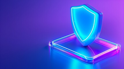 A modern 3D shield icon illuminated with neon lights, symbolizing security and protection in digital environments.