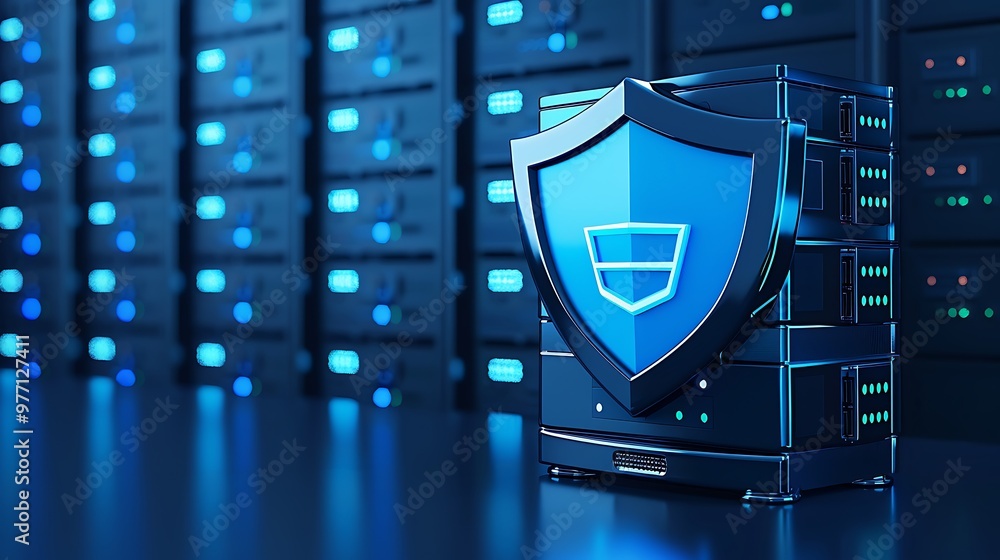Poster a modern data center featuring a shield symbol representing cybersecurity, emphasizing the importanc