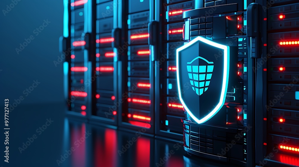 Poster a modern data center featuring illuminated servers and a glowing security shield, representing cyber
