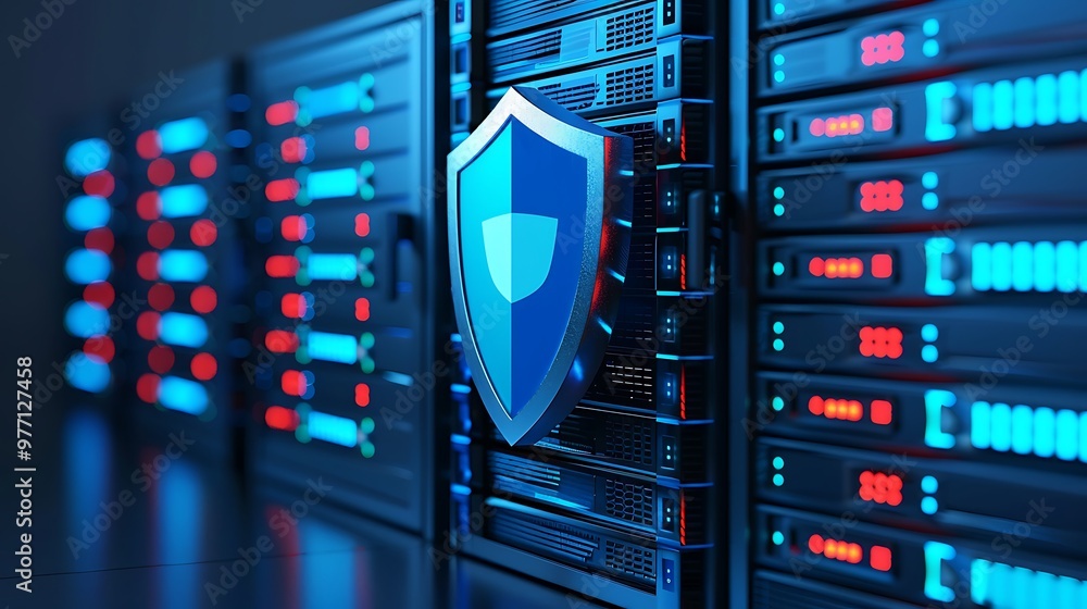 Poster a modern data center featuring illuminated servers and a shield symbolizing cybersecurity and protec