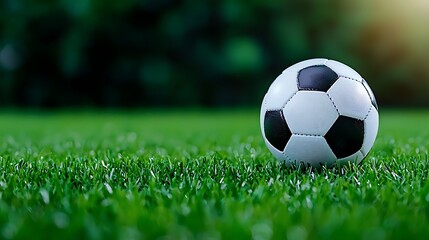 A soccer ball sits on the green grass field, ready for the game to begin.