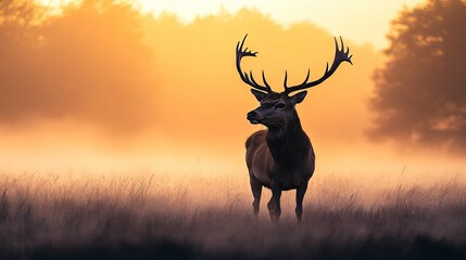 Majestic Red Deer Buck Silhouette at Sunrise with Fog