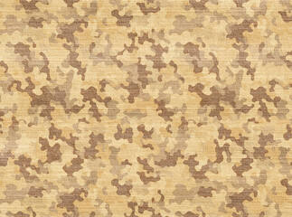 Linen background with camouflage pattern of beige and light brown color. Horizontal or vertical backdrop in camo style with natural canvas  texture. Copy space for text