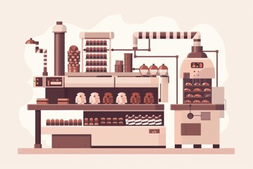 Naklejka premium Automated chocolate factory with machines producing candies and cocoa processing