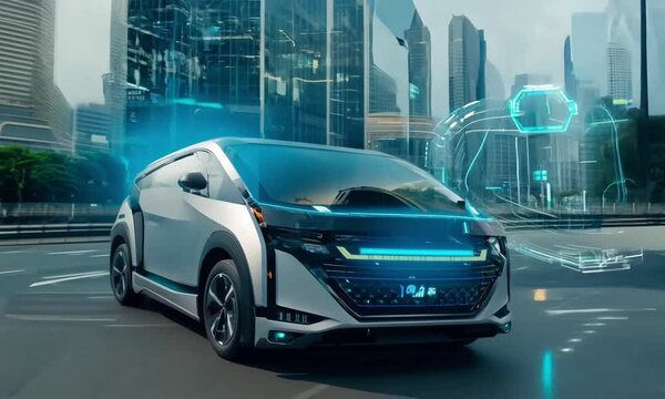 Futuristic Electric Car with Holographic Interface in Modern Cityscape