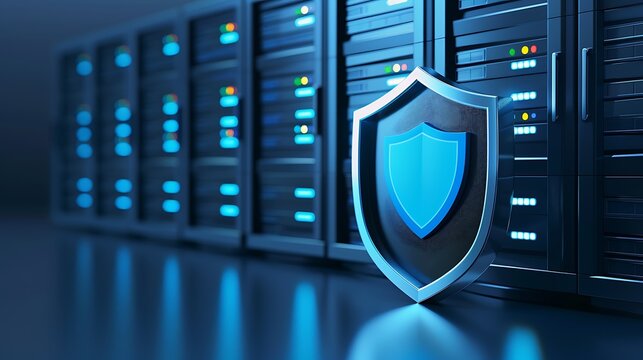A modern data center featuring secure server racks and a protective shield, symbolizing cybersecurity and data protection.