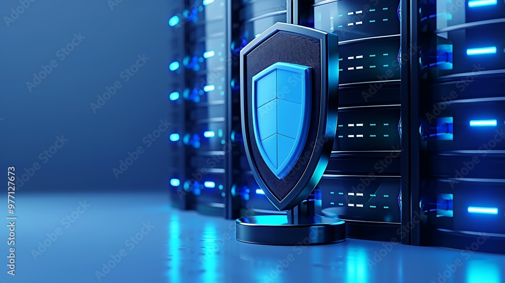 Poster a modern data center with a digital shield representing security and protection for servers and info