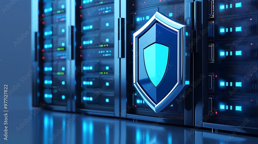 Poster a modern data center with server racks and a digital security shield highlighting cybersecurity and 