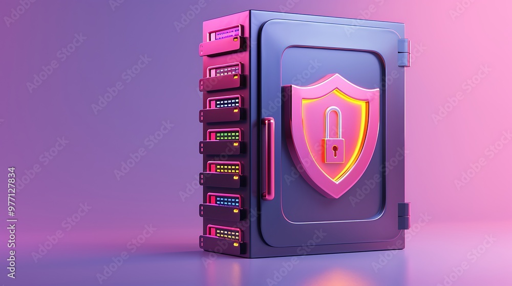 Poster a modern data safe with a shield icon symbolizing security, featuring vibrant colors and a sleek des