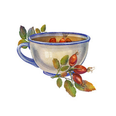 Watercolor tea cup with rosehip isolated on a white background. An illustration of a cozy tea party. A botanical composition with rosehip fruits. It is suitable leaflet, postcard, autumn atmosphere.