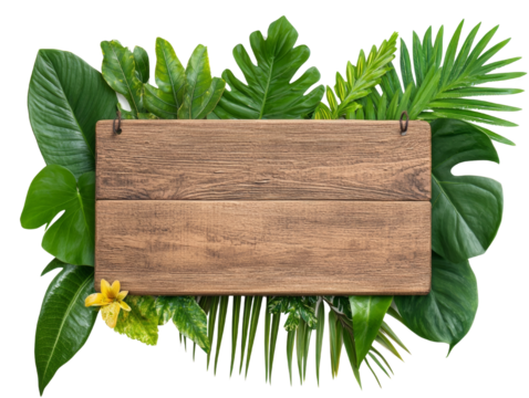 Wooden signboard surrounded by lush green tropical leaves and plants